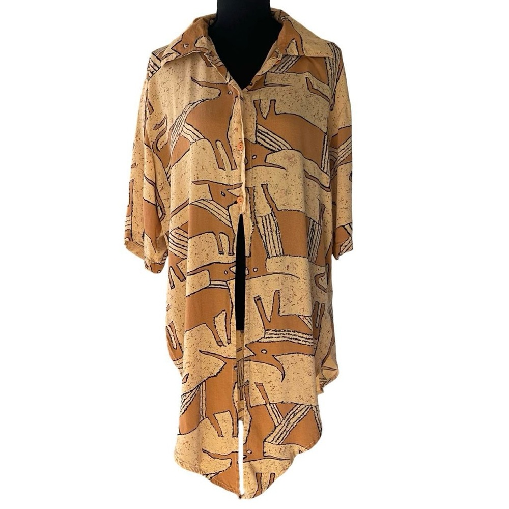 Vintage 90s Tan & Brown Abstract Animal Print Tunic Top - Size L Beverly Rose